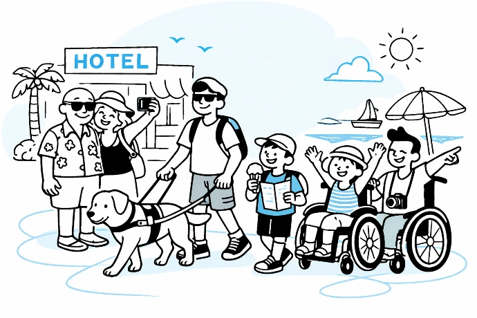 Immagine disegnata con tratto sottile nero e azzurro dove ci sono diverse persone con disabilità varie che camminano contente e sullo sfondo un edificio con scritto Hotel.